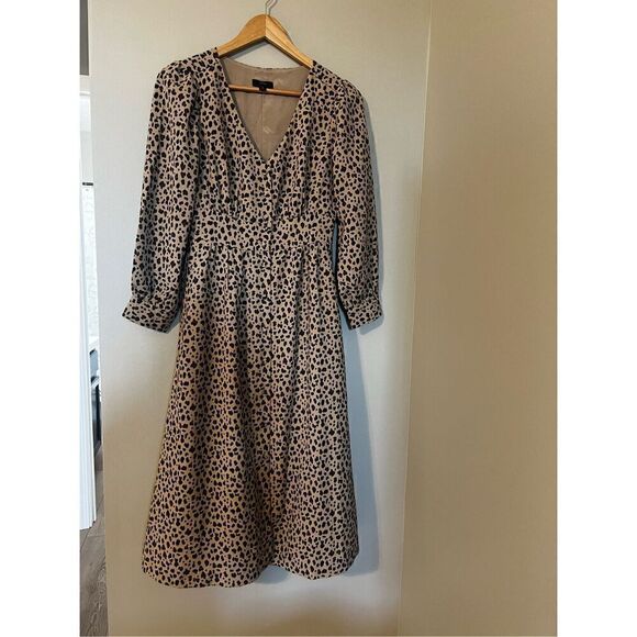 J Crew Women’s Size 0 Button Front A Line Midi Dress Tan Black Leopard Print - Picture 4 of 12